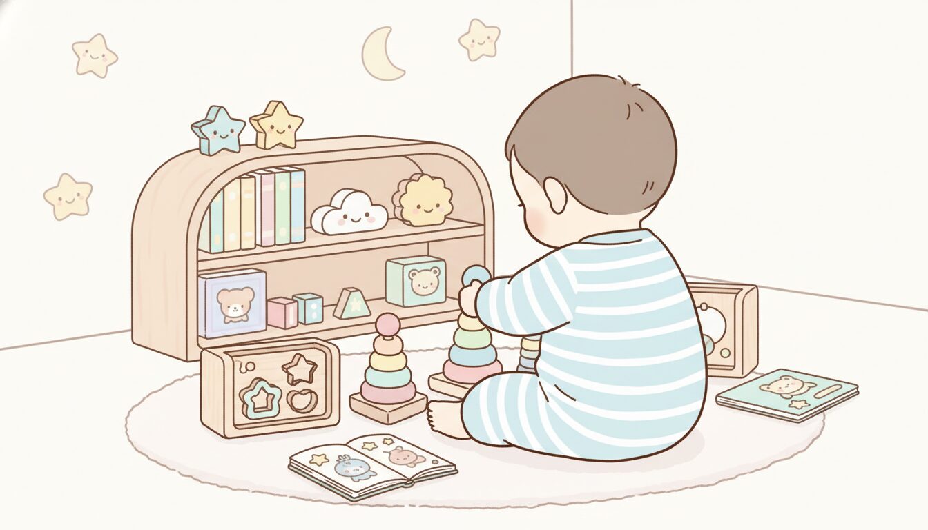 カラフルな木製の知育玩具と絵本が並ぶ子供部屋で集中して遊ぶ1歳前後の赤ちゃんの後ろ姿