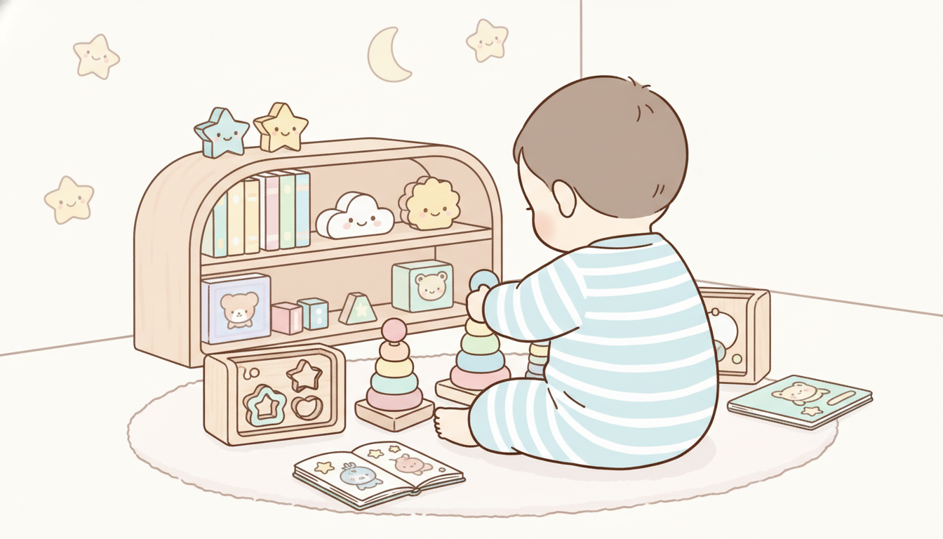 カラフルな木製の知育玩具と絵本が並ぶ子供部屋で集中して遊ぶ1歳前後の赤ちゃんの後ろ姿