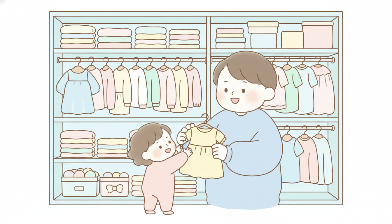 整理されたクローゼットの前で子供服を選ぶ親子の楽しそうなシーン