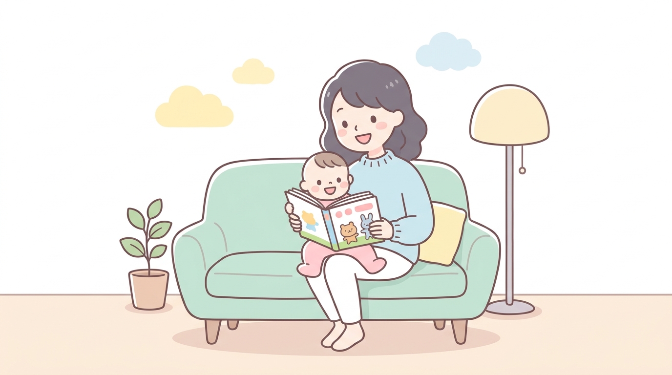 笑顔でリビングに座り、赤ちゃんと一緒に絵本を読みながらリラックスしている20代後半の母親