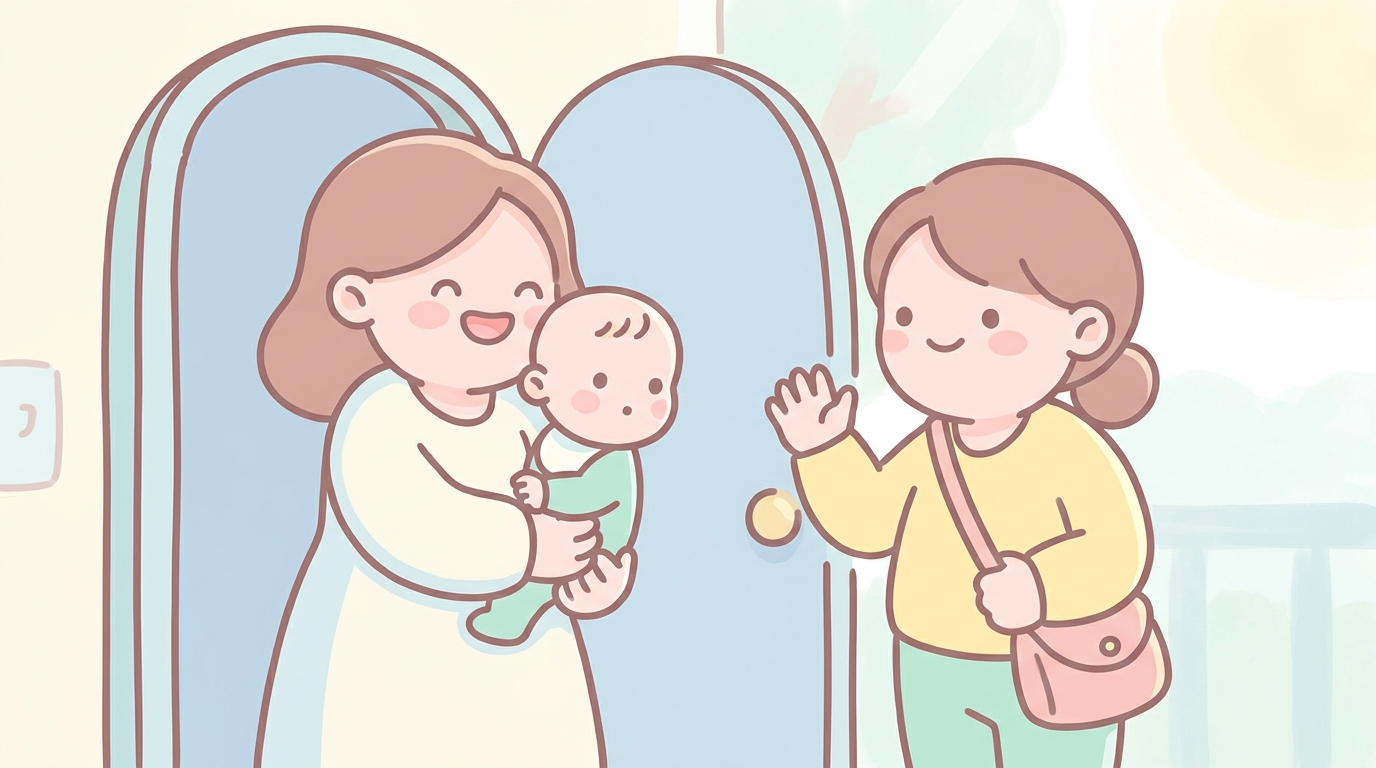 玄関先で笑顔のベビーシッターを出迎える母親と、興味深そうに見ている1歳くらいの子ども