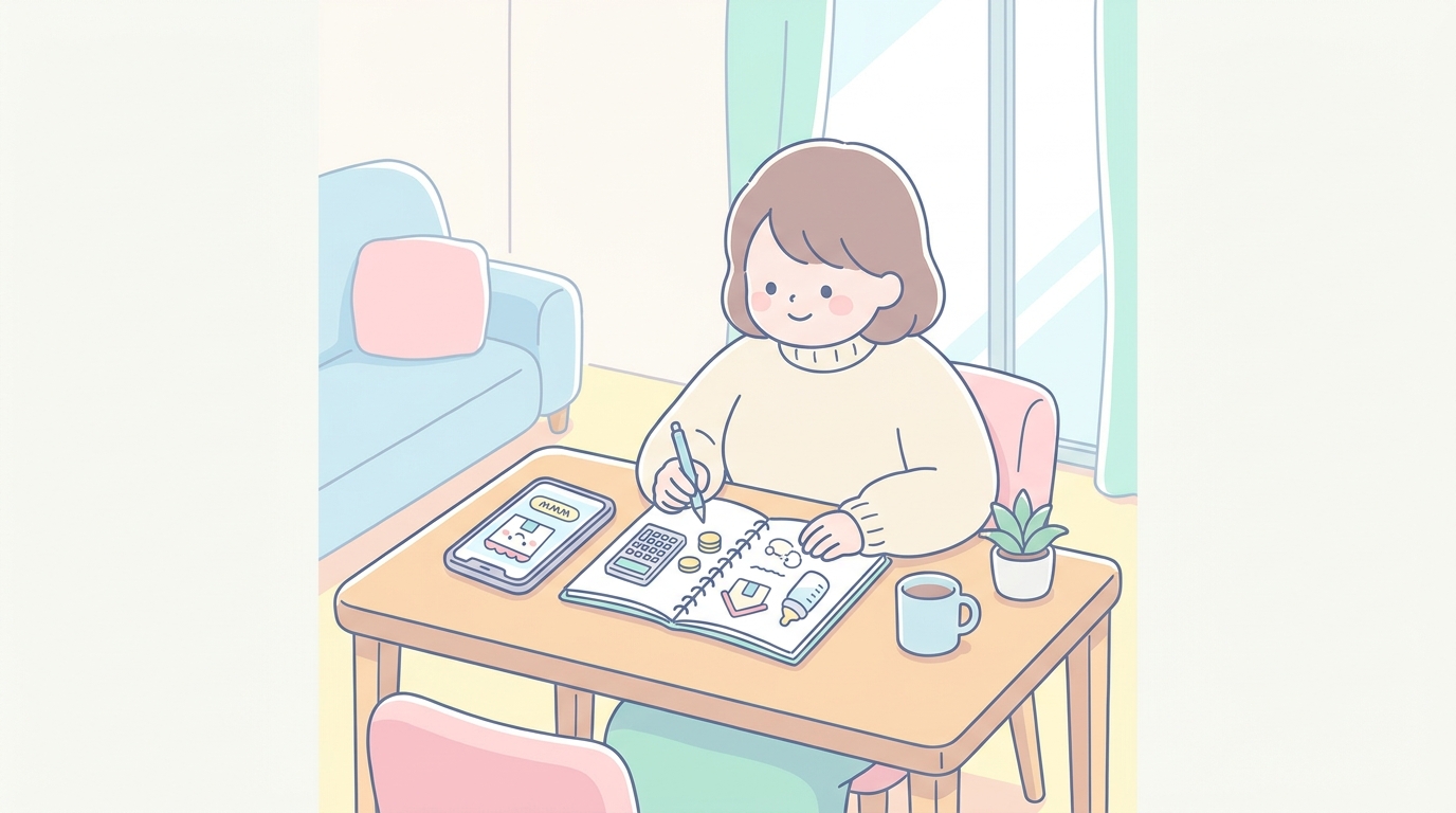 ノートに家計簿と補助金制度の情報をまとめながら、スマートフォンで自治体サイトを調べている女性