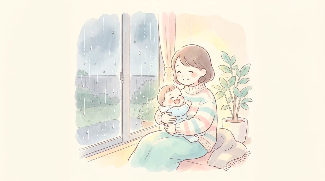雨の窓辺で笑顔の赤ちゃんを抱っこする若いお母さん、温かみのある室内