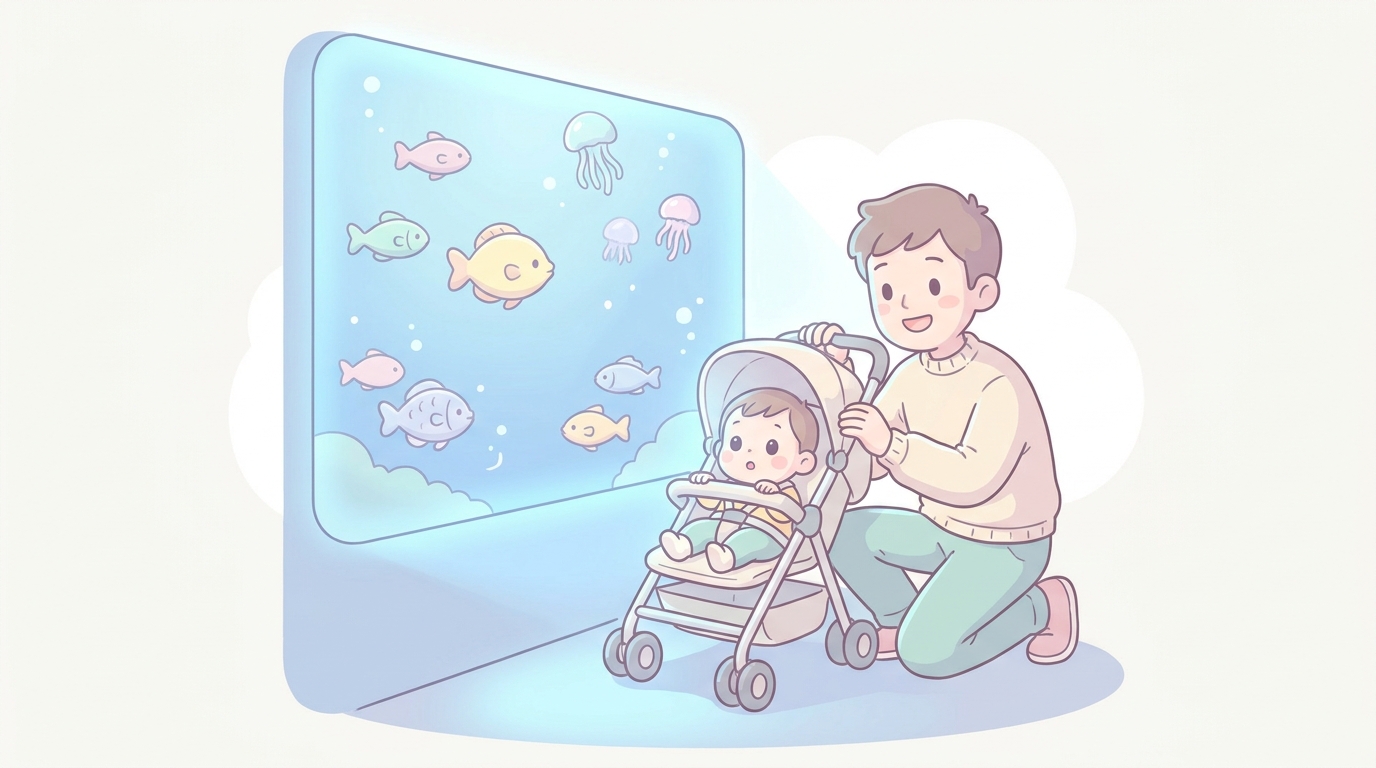 水族館の青く光る大水槽の前でベビーカーから魚を見つめる1歳児と父親