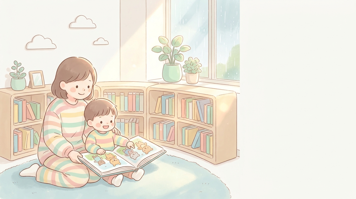 図書館の絵本コーナーで親子で絵本を読む様子、優しい自然光が差し込む空間