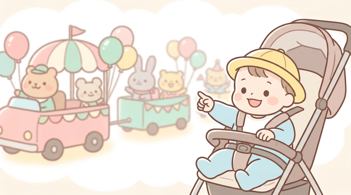 ベビーカーに乗った1歳くらいの赤ちゃんが、カラフルなパレードを指差して笑顔で見ている様子
