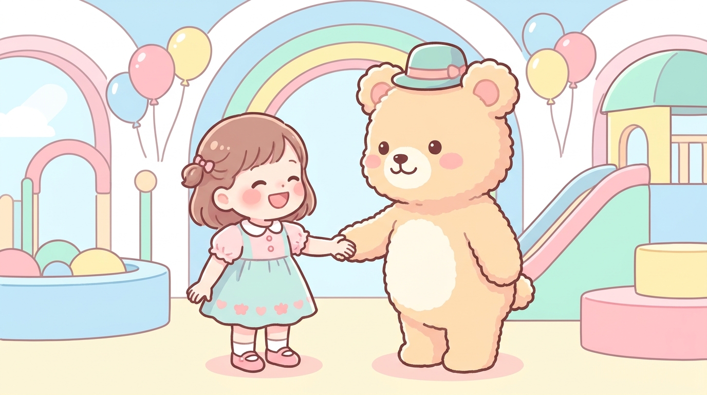 屋内テーマパークで、2歳くらいの女の子がキャラクターと握手をして嬉しそうに笑っているシーン