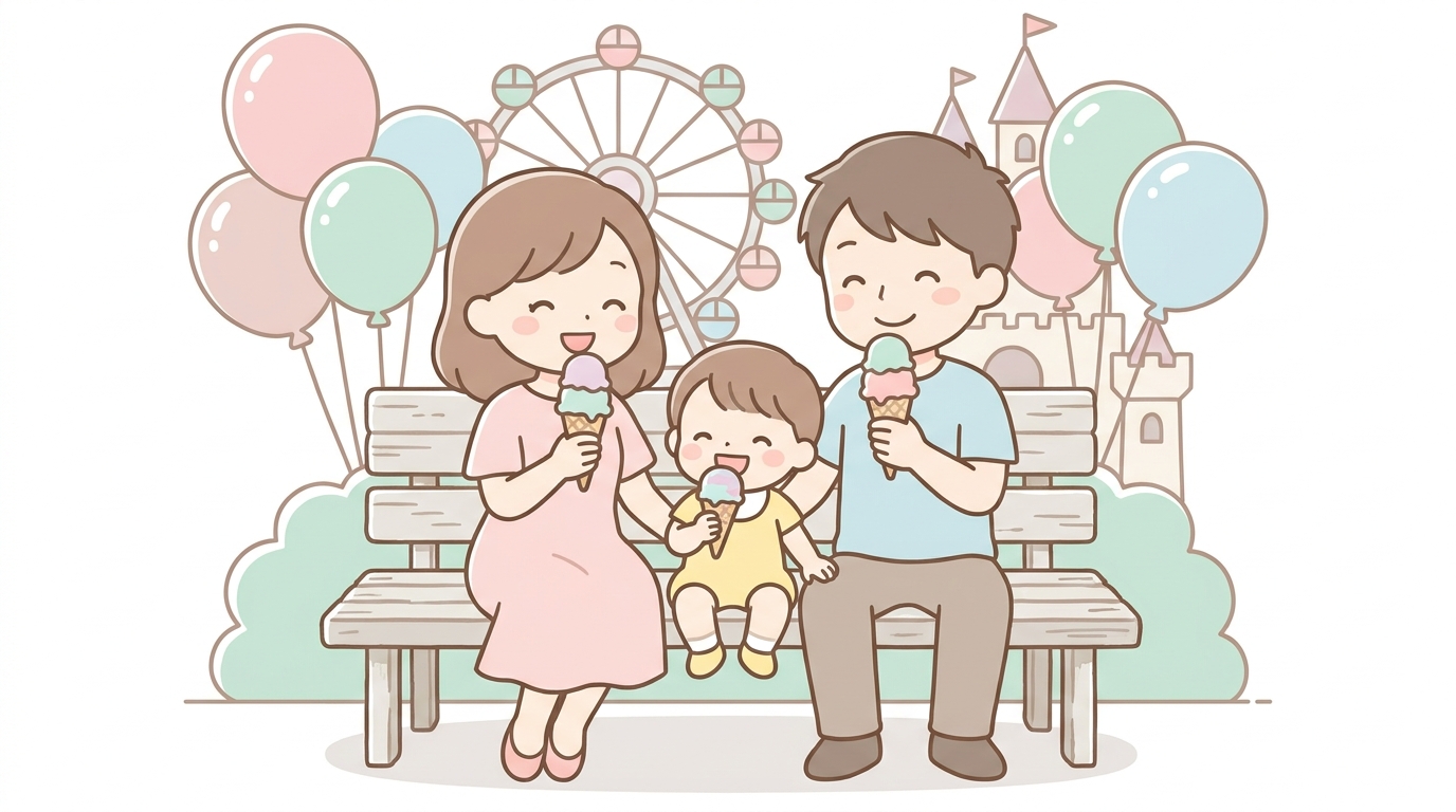 テーマパーク内のベンチで、パパママと子どもがアイスクリームを食べながら休憩している温かい家族の風景