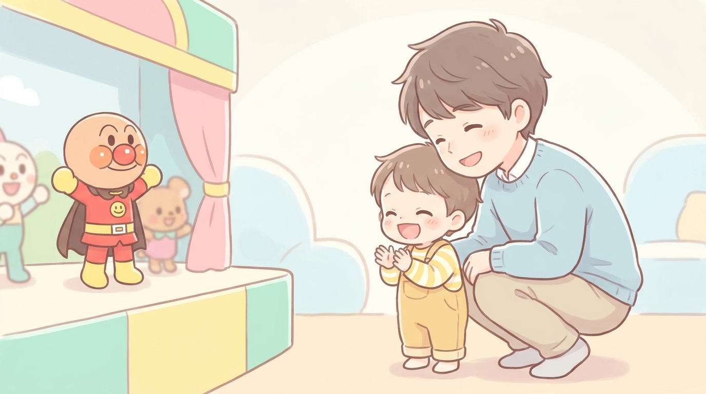 メインステージでアンパンマンのショーを見ながら手をたたいて笑う2歳ぐらいの男の子と寄り添う父親