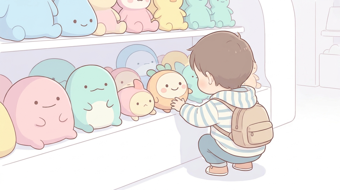 ショップで色とりどりのアンパンマングッズの中から真剣に商品を選ぶ3歳児の後ろ姿