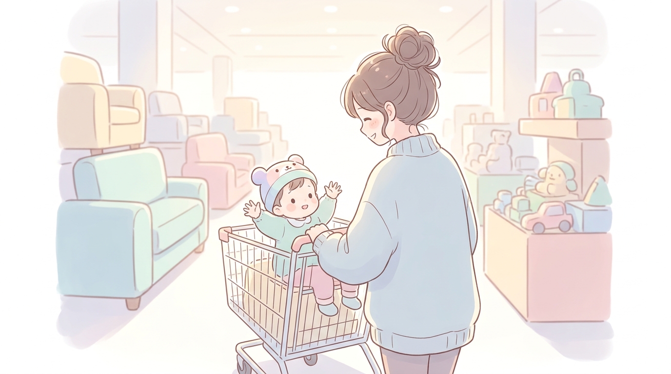 IKEAの店内でカートに乗った1歳くらいの赤ちゃんと、それを優しく見守る30代の母親の後ろ姿、明るく広々とした店内の雰囲気