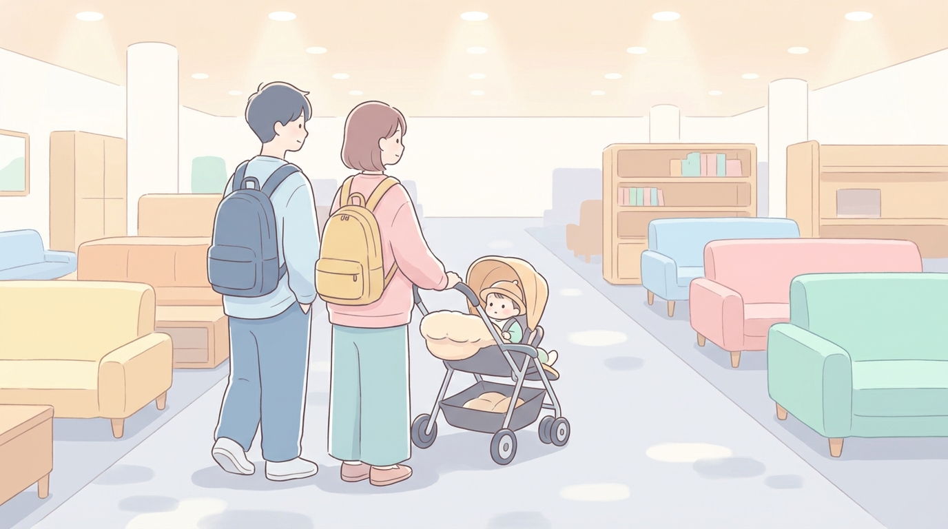 IKEAの広い通路をベビーカーを押しながら家具を見ている若い夫婦と、ベビーカーに乗った1歳くらいの赤ちゃんの後ろ姿