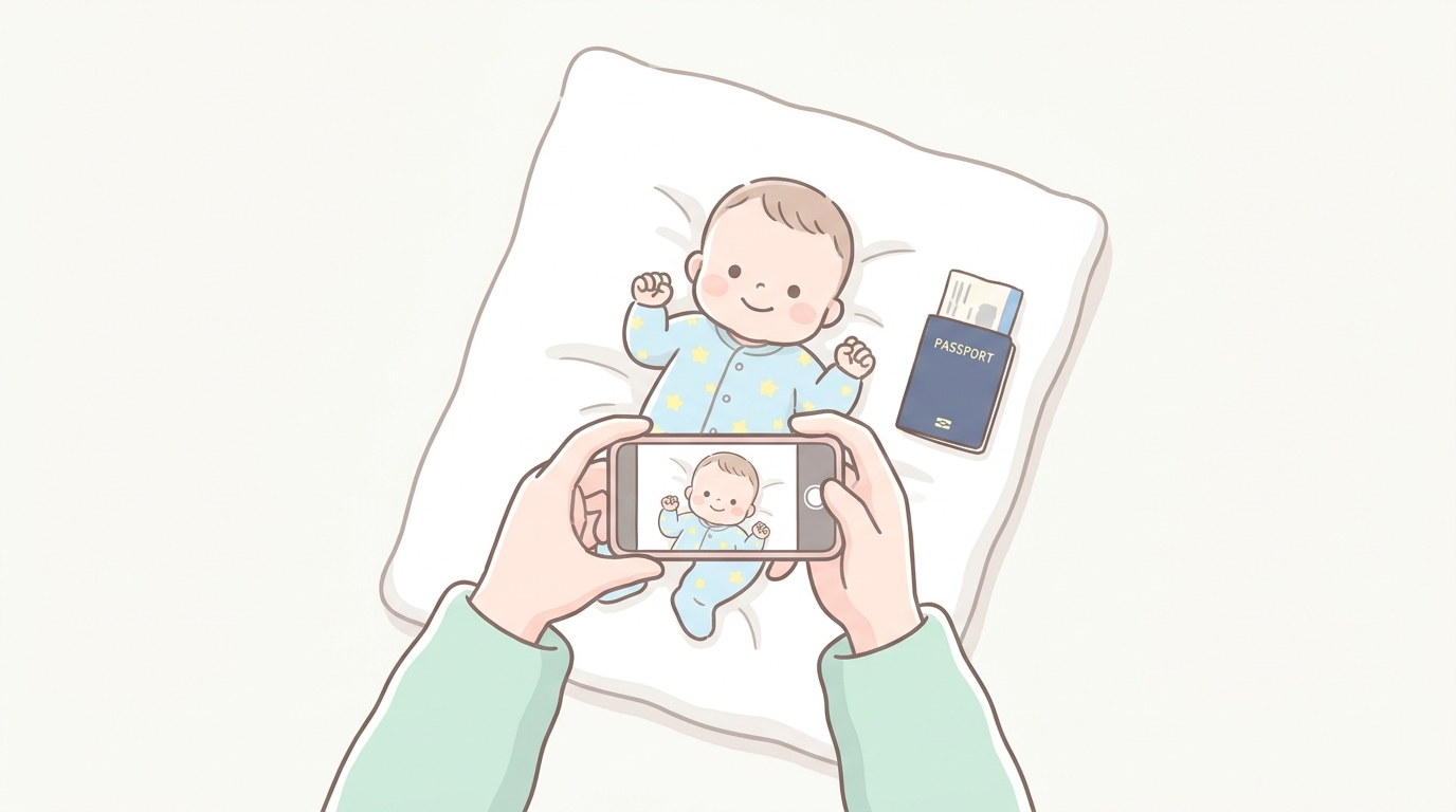 白いシーツの上に仰向けに寝かされた生後3か月ほどの赤ちゃんを、真上からスマートフォンで撮影する母親の手元