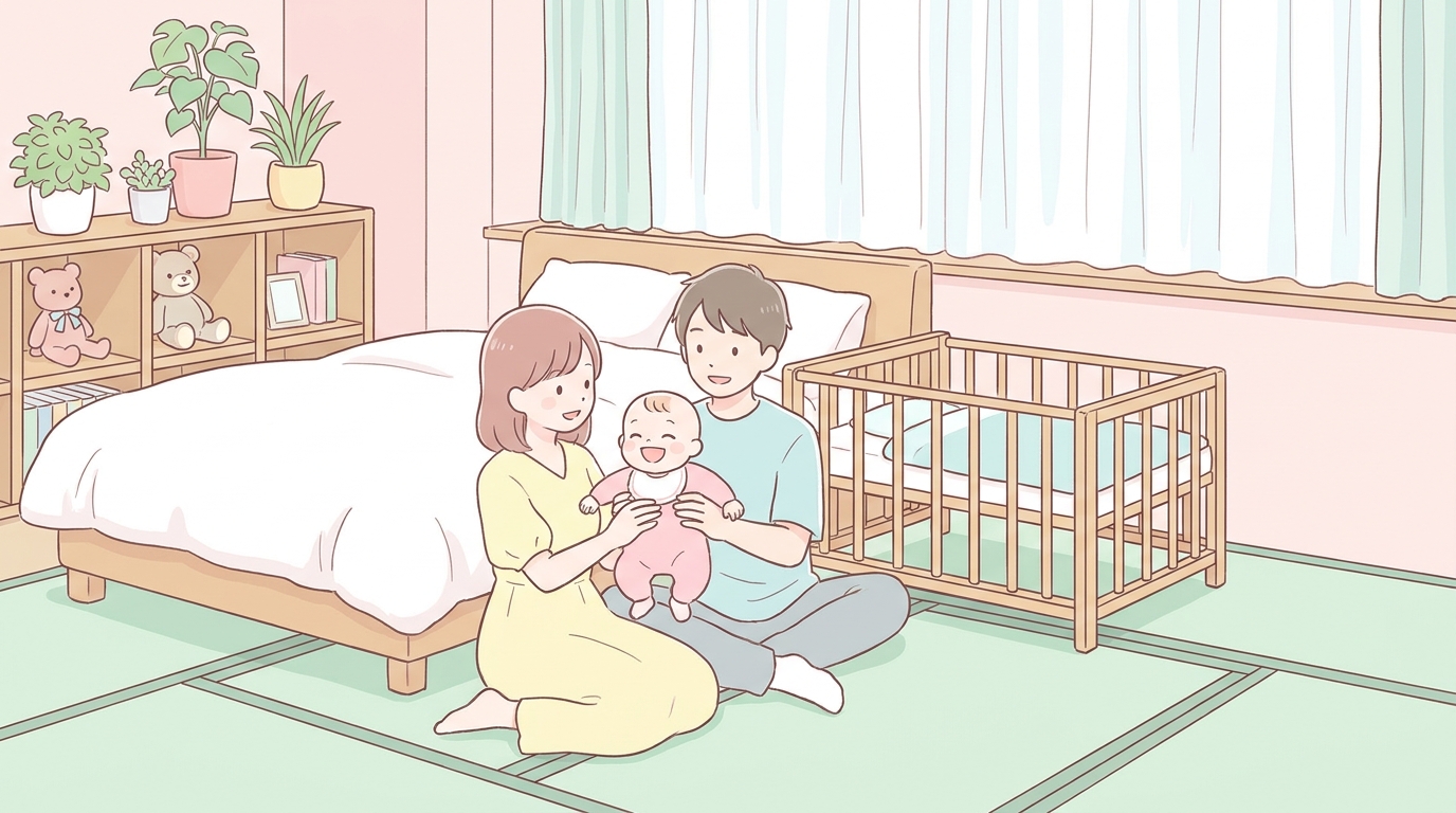 ホテルの和洋室で笑顔の赤ちゃんを抱っこする若い夫婦と、ベビーベッドが置かれた清潔感のあるファミリールーム