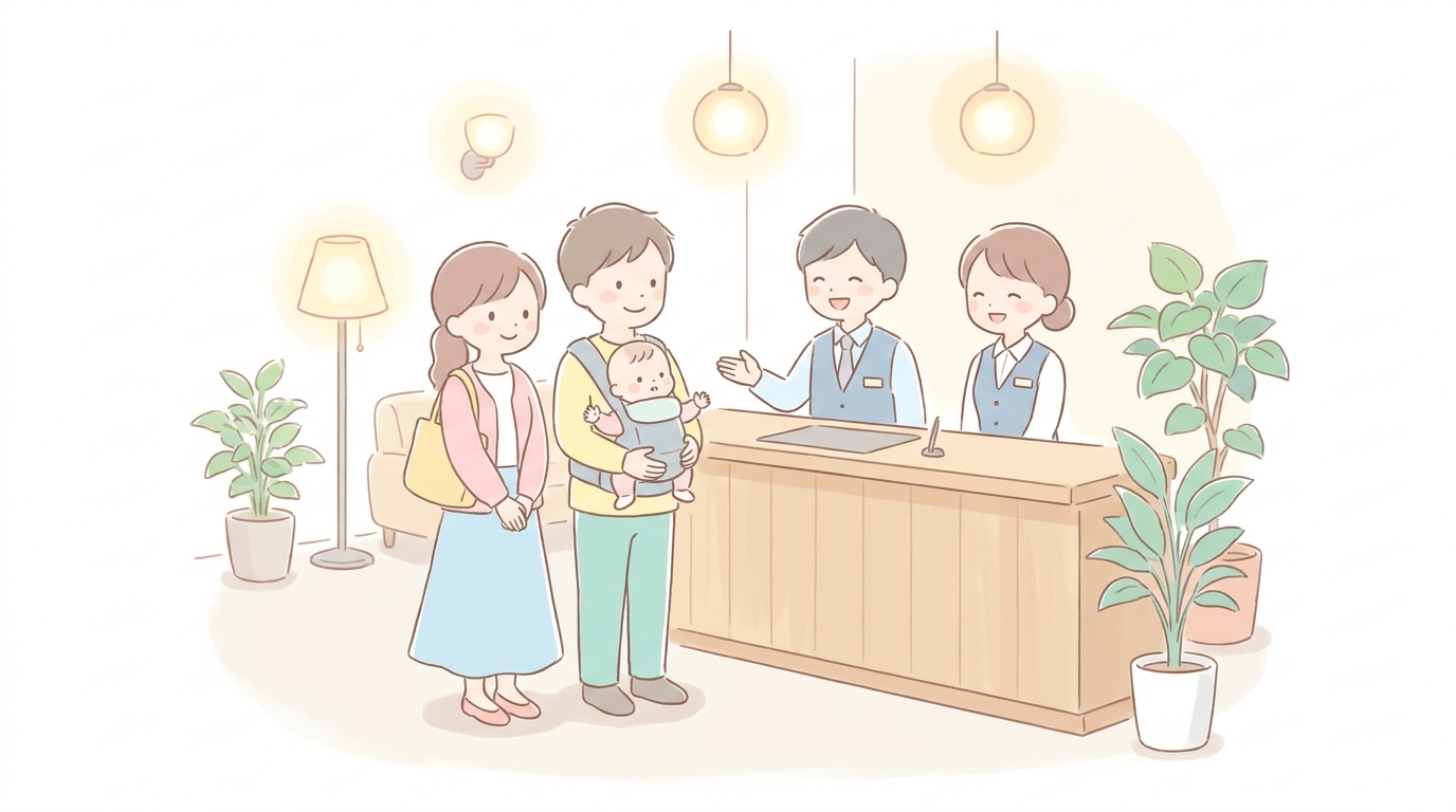 ホテルのフロントでスタッフから笑顔で説明を受ける赤ちゃん連れの家族、ロビーには温かい照明と観葉植物