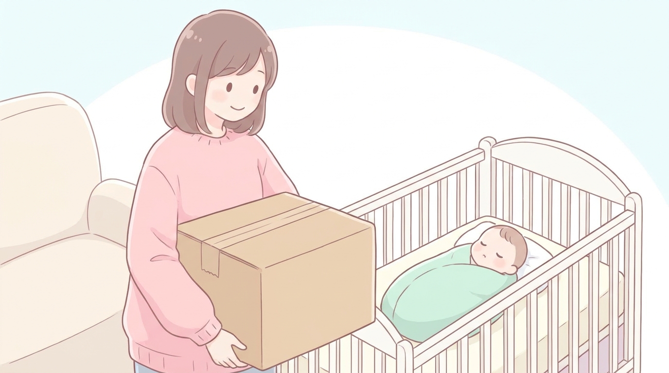 ベビーベッドのそばで紙おむつの箱を抱えて笑顔を見せる30代の母親と赤ちゃん