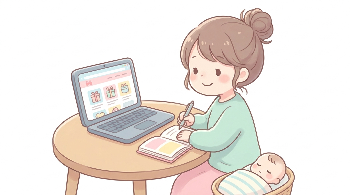 ノートパソコンの画面でふるさと納税サイトを見ながら家計簿をつける女性