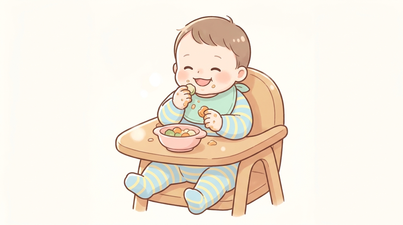 木製のベビーチェアに座って手づかみ食べを楽しむ1歳ごろの赤ちゃん