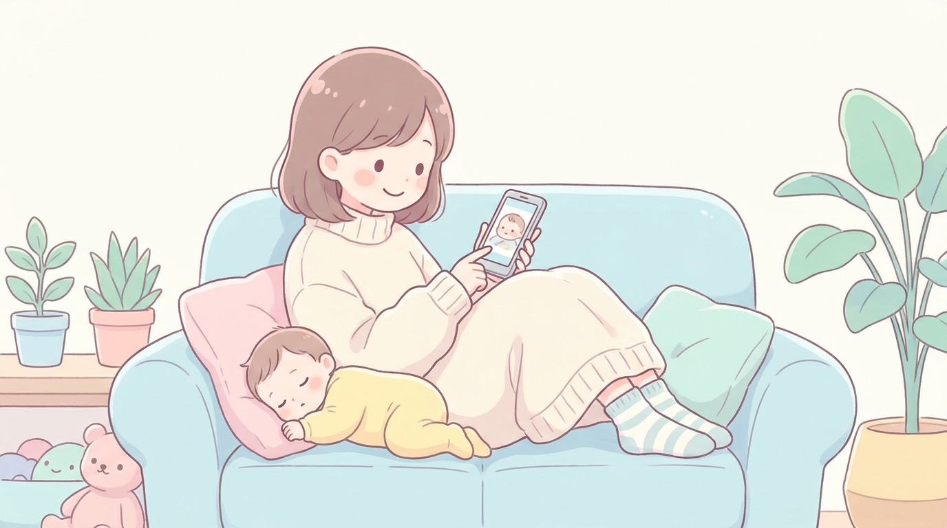 自宅のソファでスマートフォンを使い赤ちゃんの写真を編集している笑顔の母親