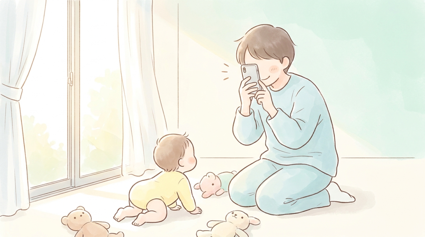 窓際の自然光の中でハイハイする赤ちゃんを膝をついて低い目線でスマホ撮影する親