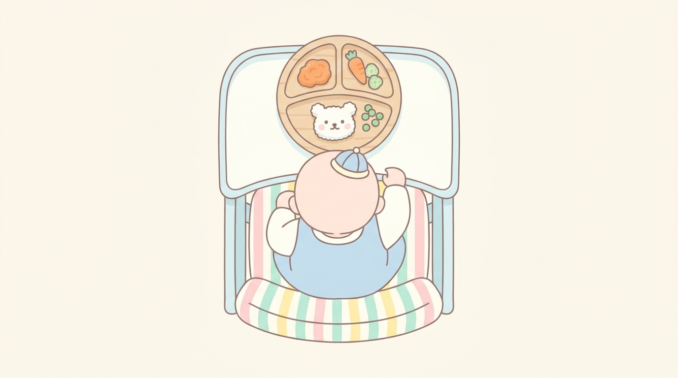ベビーチェアに座る赤ちゃんの後ろ姿と手作り離乳食のプレートを真上から撮影した俯瞰写真
