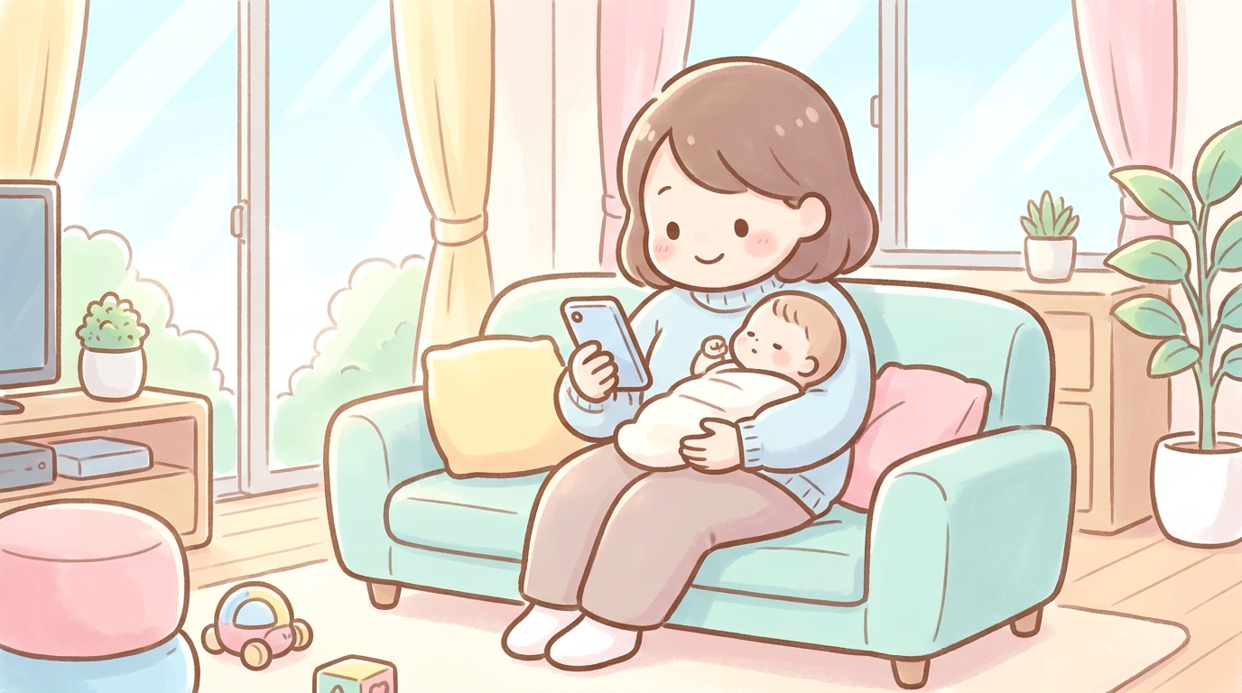 明るいリビングでスマートフォンを見ながら赤ちゃんを抱っこして微笑む30代の母親