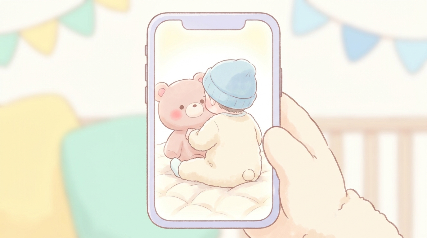 ぬいぐるみで顔を隠した赤ちゃんの後ろ姿を撮影するスマートフォンの画面
