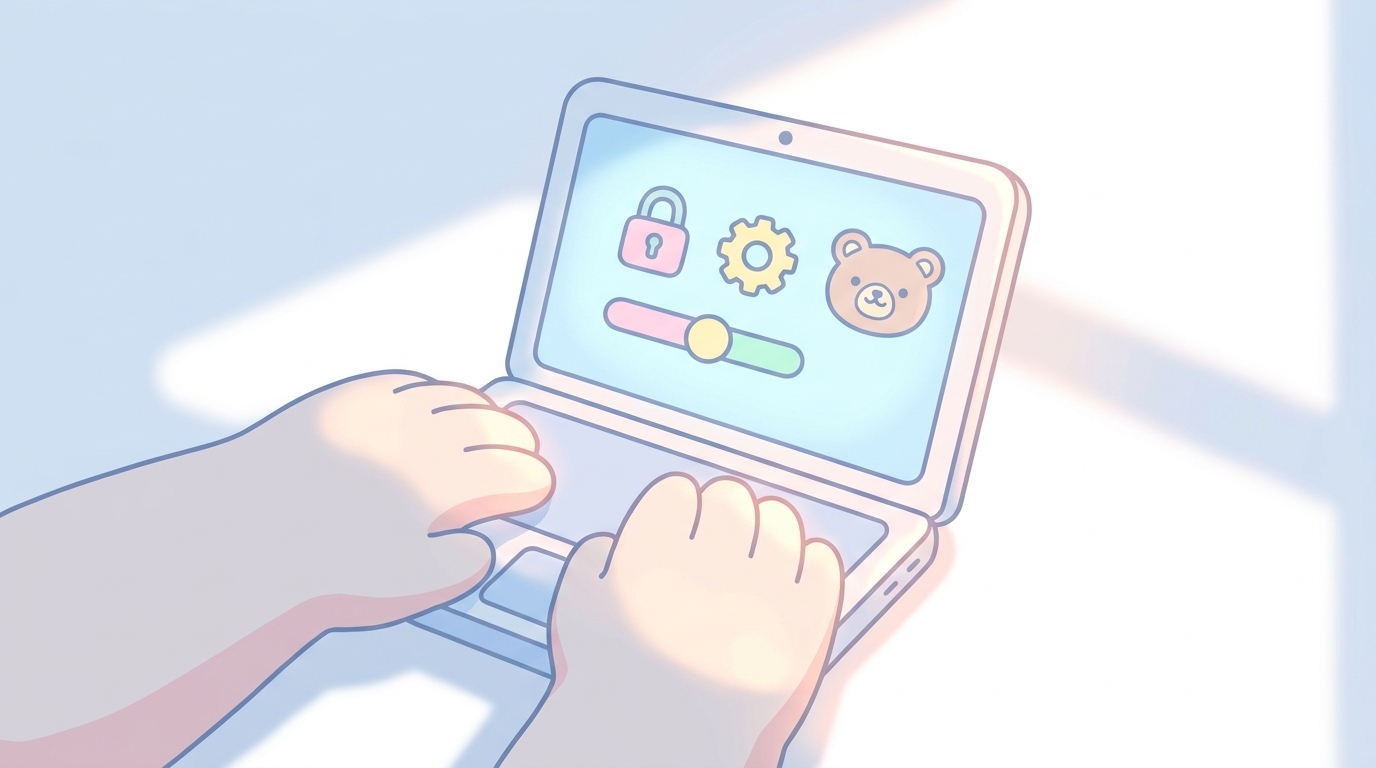 ノートパソコンの画面でSNSのプライバシー設定を確認している保護者の手元のクローズアップ