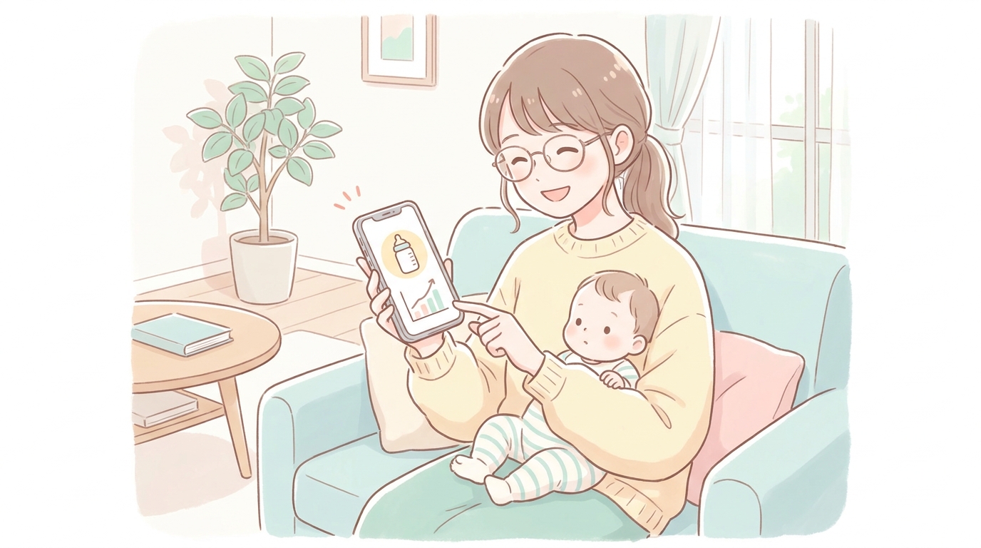 スマートフォンで育児アプリを操作しながら笑顔で赤ちゃんを抱っこする20代後半の母親、明るいリビング