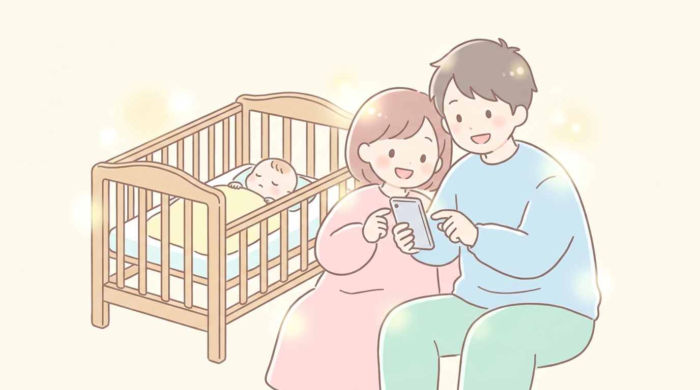 ベビーベッドの横でスマートフォンの育児記録アプリを夫婦で見つめながら微笑む若い両親