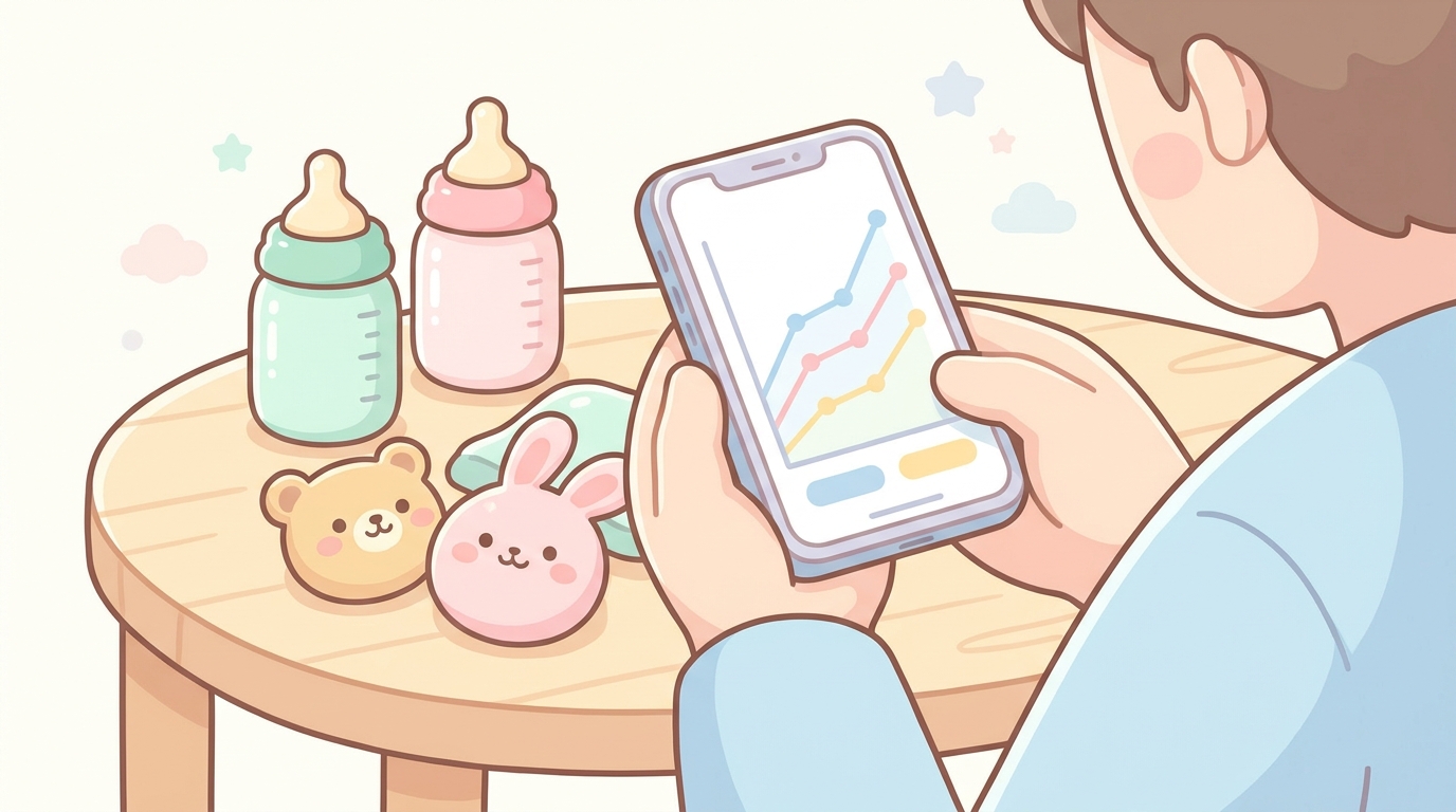 テーブルに並んだ哺乳瓶とおもちゃの横で、スマホの成長グラフを確認する父親の手元アップ