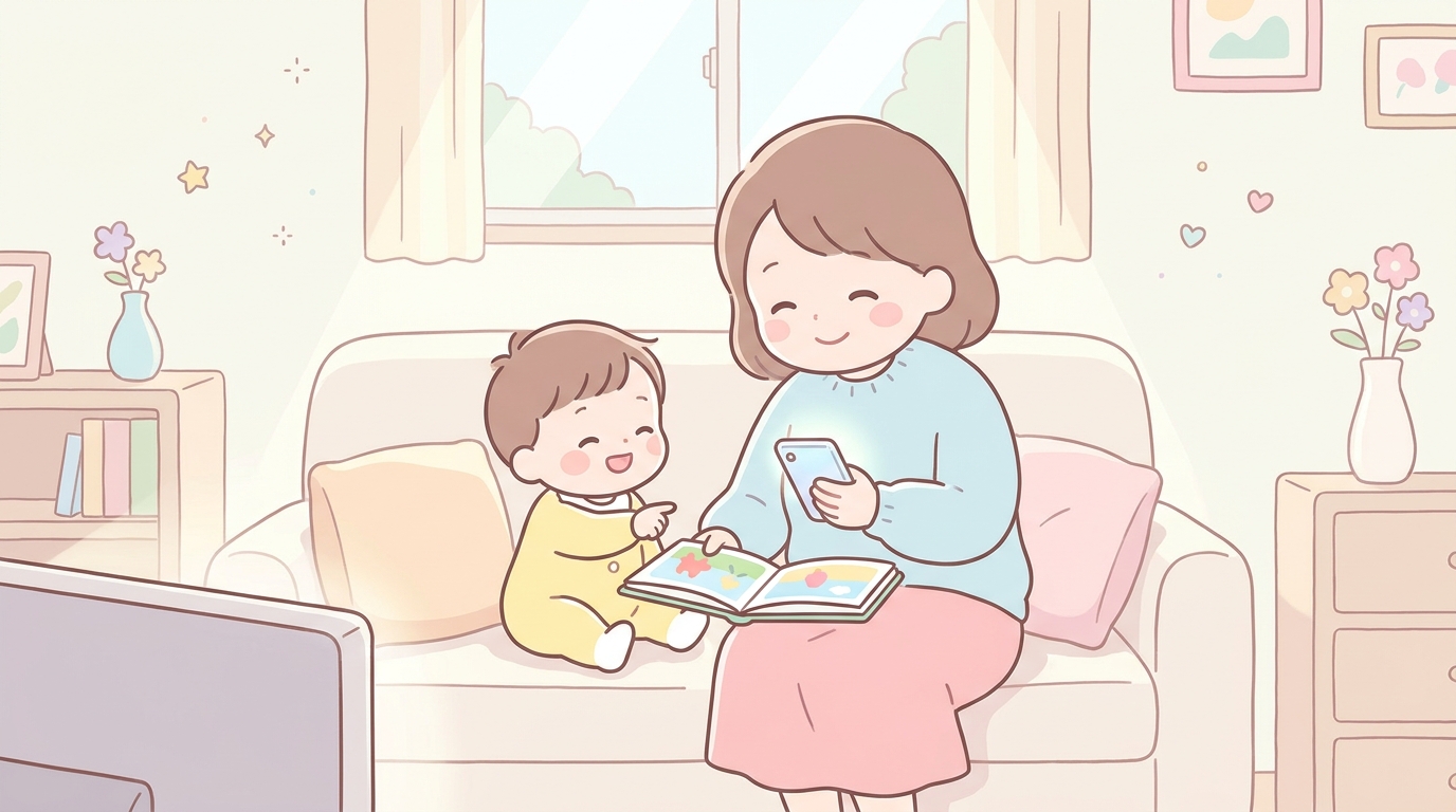 リビングのソファでスマートフォンを見ながら笑顔で2歳児に絵本を読み聞かせる母親と子どもの温かい光景