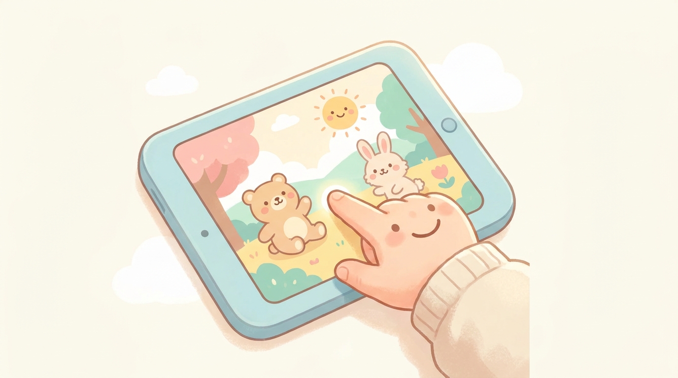 タブレット画面に表示されたカラフルなAI生成絵本のページと、それを指さして笑う3歳児の手元