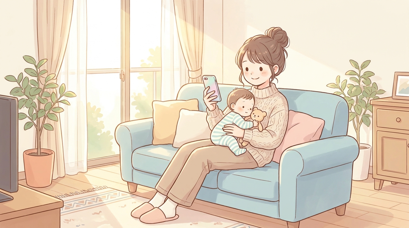 スマートフォンを片手に1歳児と一緒にソファでくつろぐ若いママ、リビングに自然光が差し込む温かい雰囲気