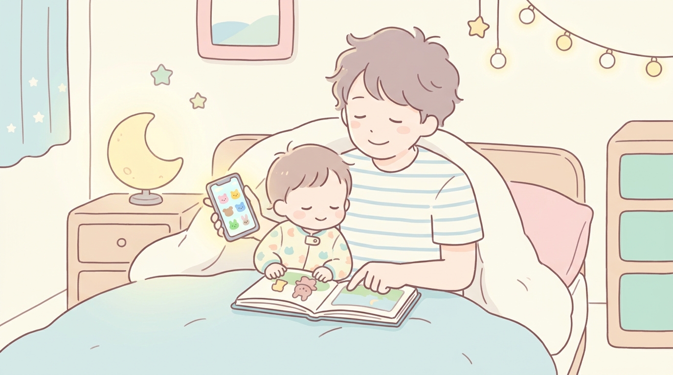 寝室のベッドで2歳くらいの子どもにスマホ画面を見せながら絵本を読み聞かせる父親、間接照明の柔らかな光に包まれた就寝前のひととき