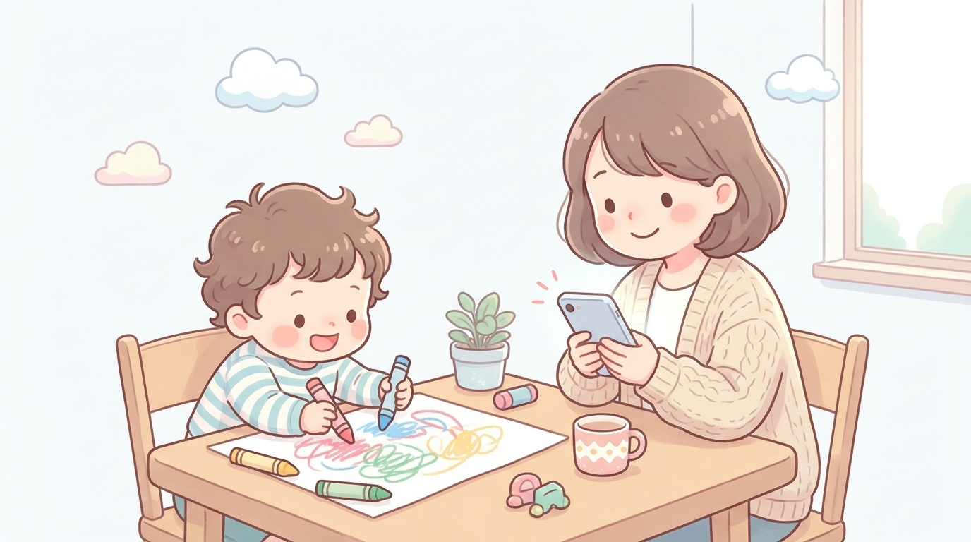 ダイニングテーブルで2歳児が画用紙にクレヨンでお絵描きをし、その横で母親がスマホを見て遊びのアイデアを探している和やかな様子