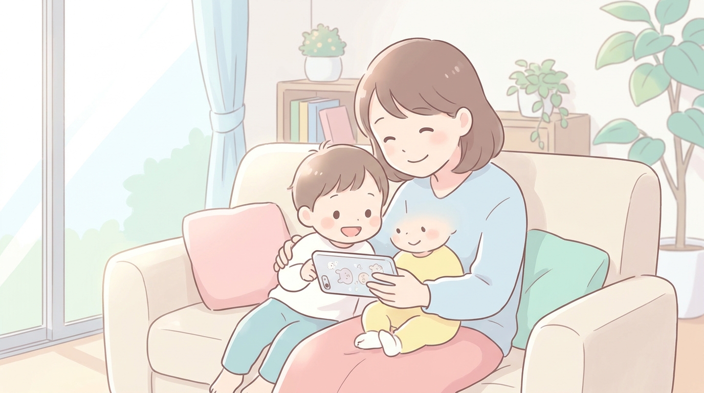リビングのソファでスマートフォンの動画を一緒にのぞき込む母親と2歳くらいの子ども、穏やかな自然光