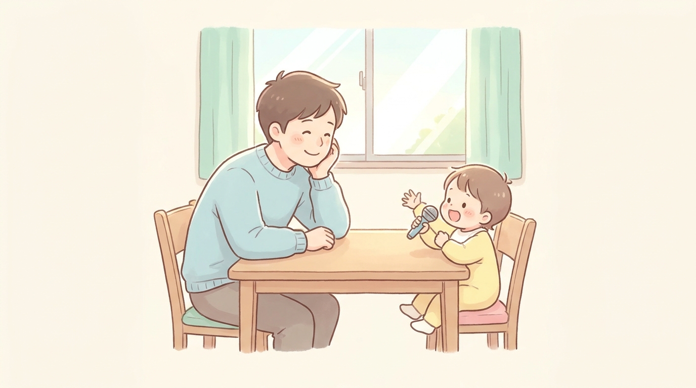 ダイニングテーブルで3歳くらいの子どもの話に微笑みながら耳を傾ける父親、温かい雰囲気