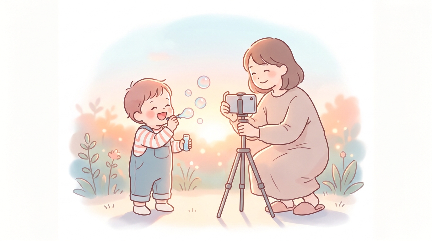 庭でしゃぼん玉を吹いて笑う2歳くらいの子どもとそれを動画で撮影する母親、夕方の柔らかな光