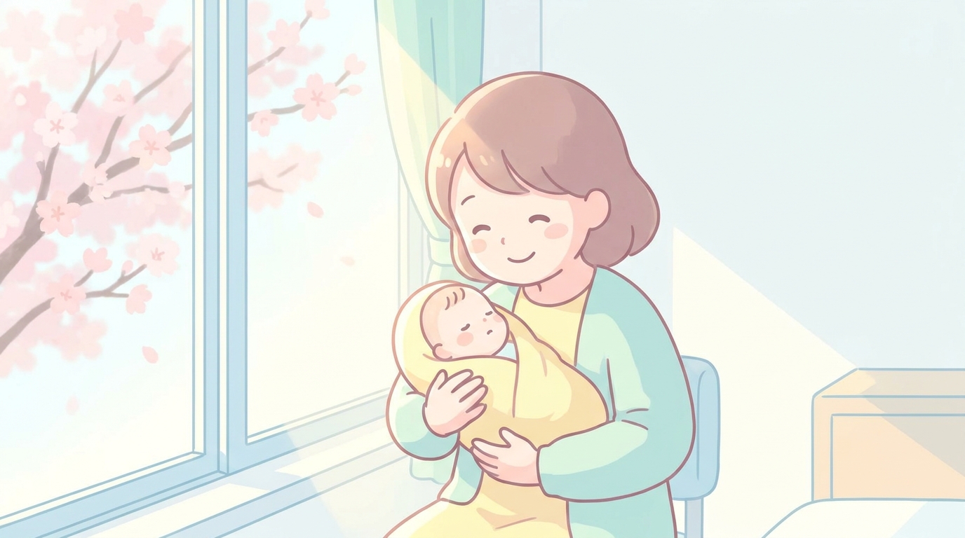 桜の咲く窓辺で赤ちゃんを優しく抱く母親、柔らかな自然光が差し込む温かな雰囲気