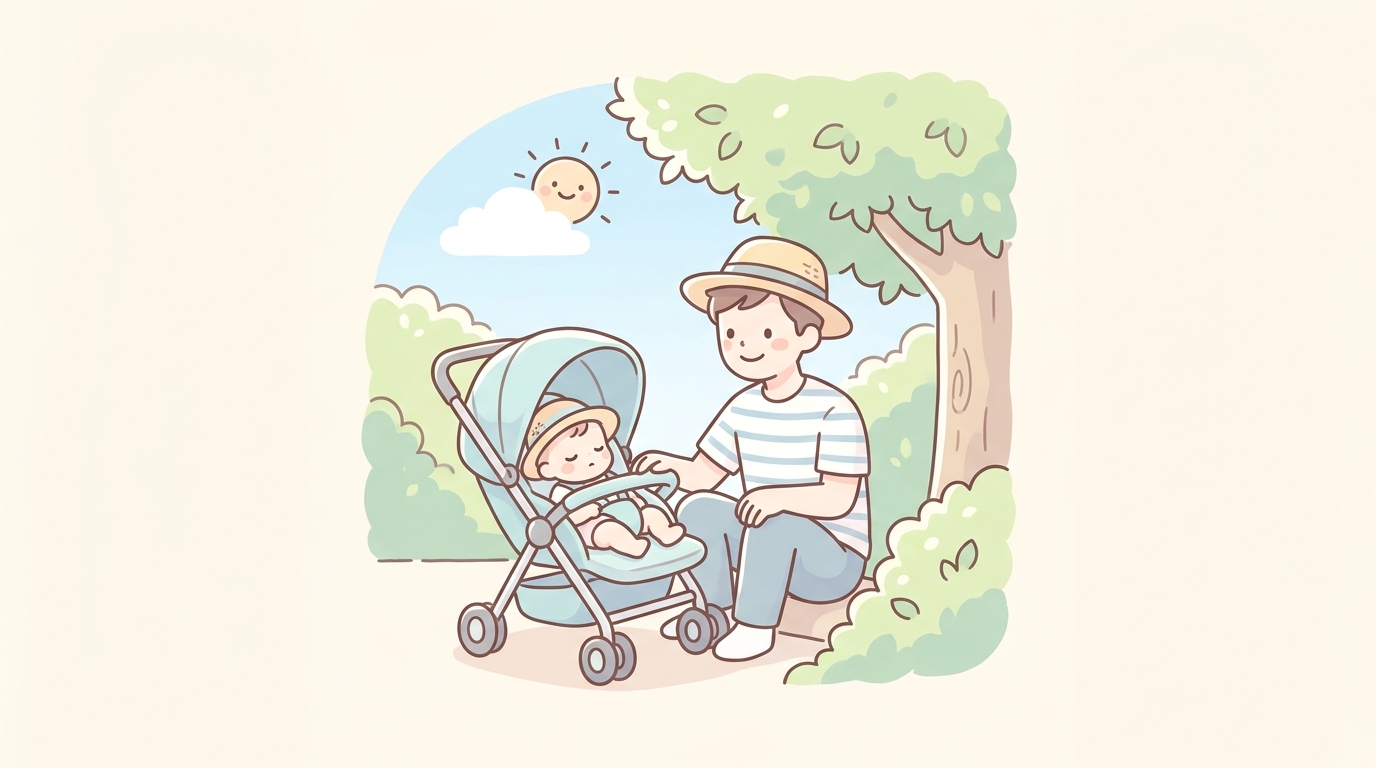 夏の青空の下、木陰のベビーカーで気持ちよさそうに眠る赤ちゃんと見守る父親
