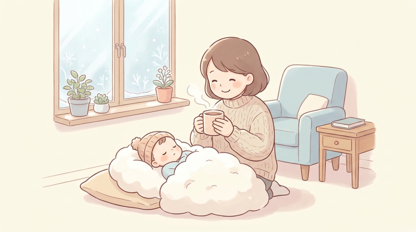 暖かな部屋でブランケットに包まれた冬生まれの赤ちゃんと、ホットドリンクを手にする母親の穏やかな朝
