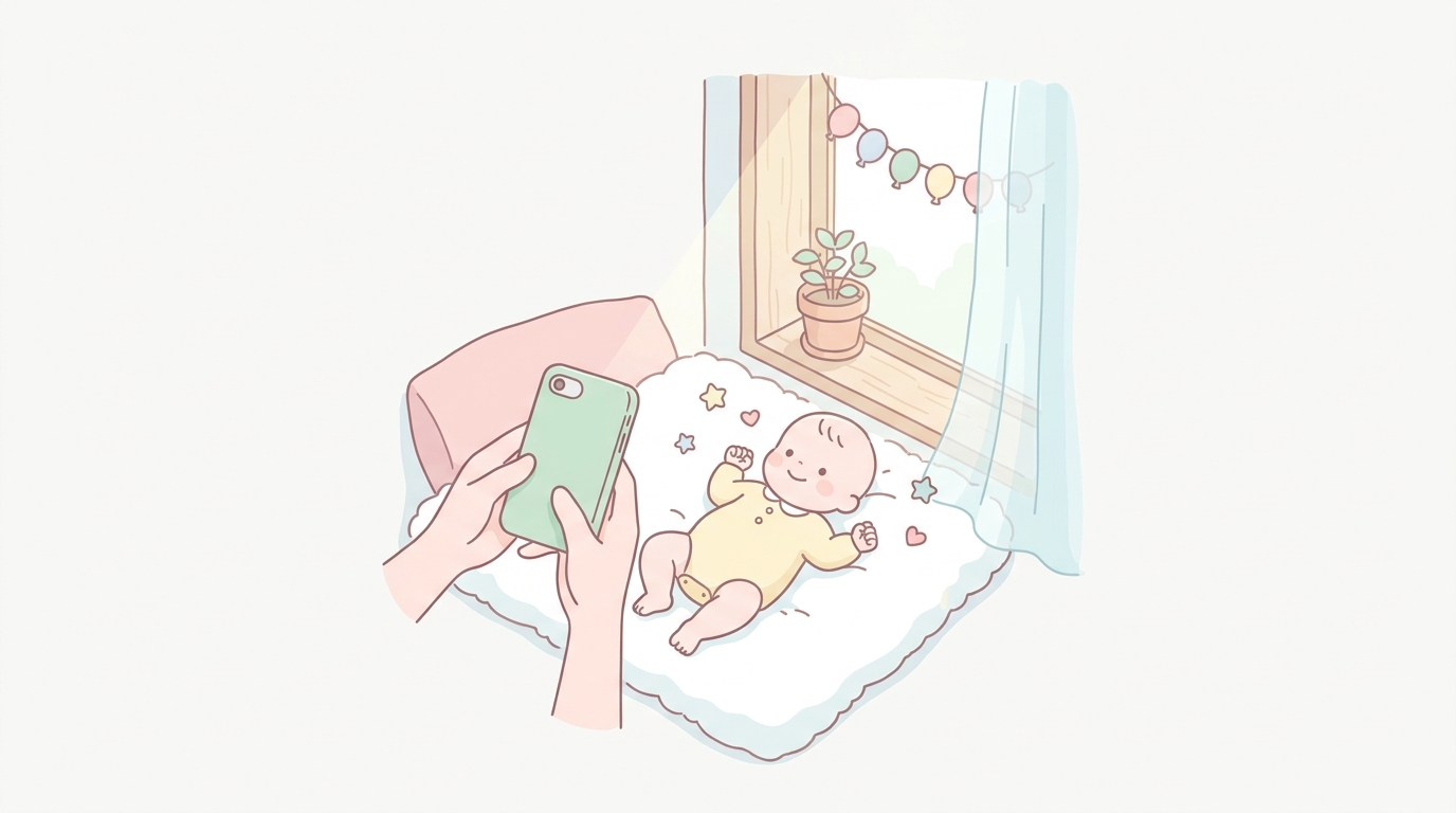窓際の自然光の中、白いブランケットの上で寝転がる赤ちゃんをスマホで撮影するママの手元