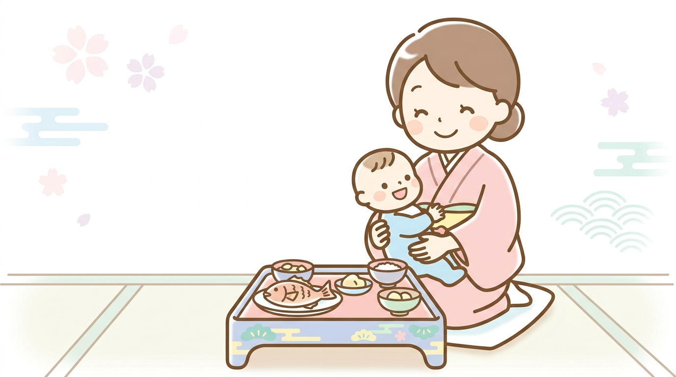 和柄の祝い膳と鯛の焼き物の前で笑顔の赤ちゃんを抱っこする若いママ