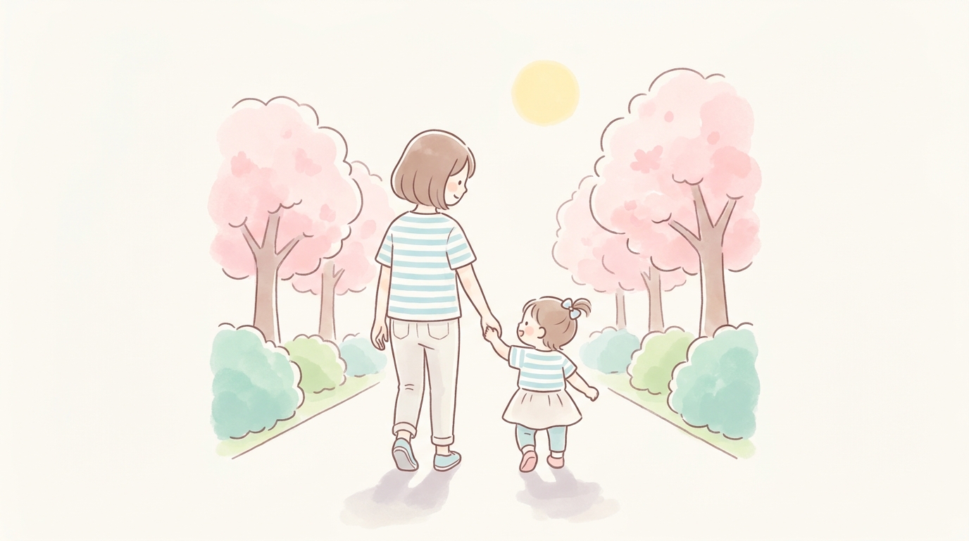 公園でお揃いのボーダーTシャツを着て笑顔で手をつなぐ20代後半のママと1歳の女の子の後ろ姿