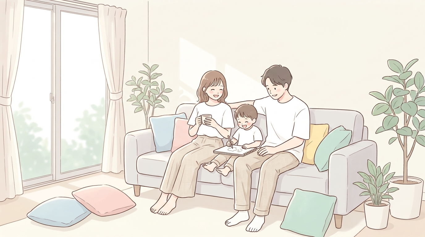 自然光の入る明るいリビングで白いTシャツとベージュのパンツを着た親子3人がソファでくつろぐ様子