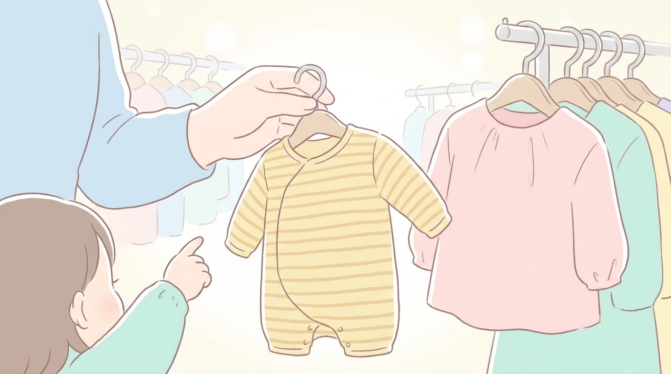 ショッピングモールの子供服売り場でベビー服と大人服を見比べながら選ぶ親子の手元