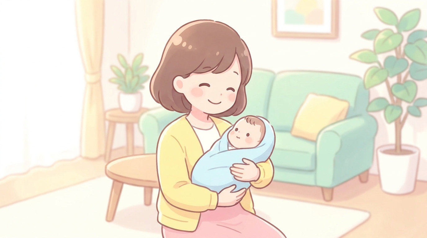 明るいリビングで2ヶ月の赤ちゃんを抱っこしながら優しく微笑む母親の柔らかな雰囲気の写真