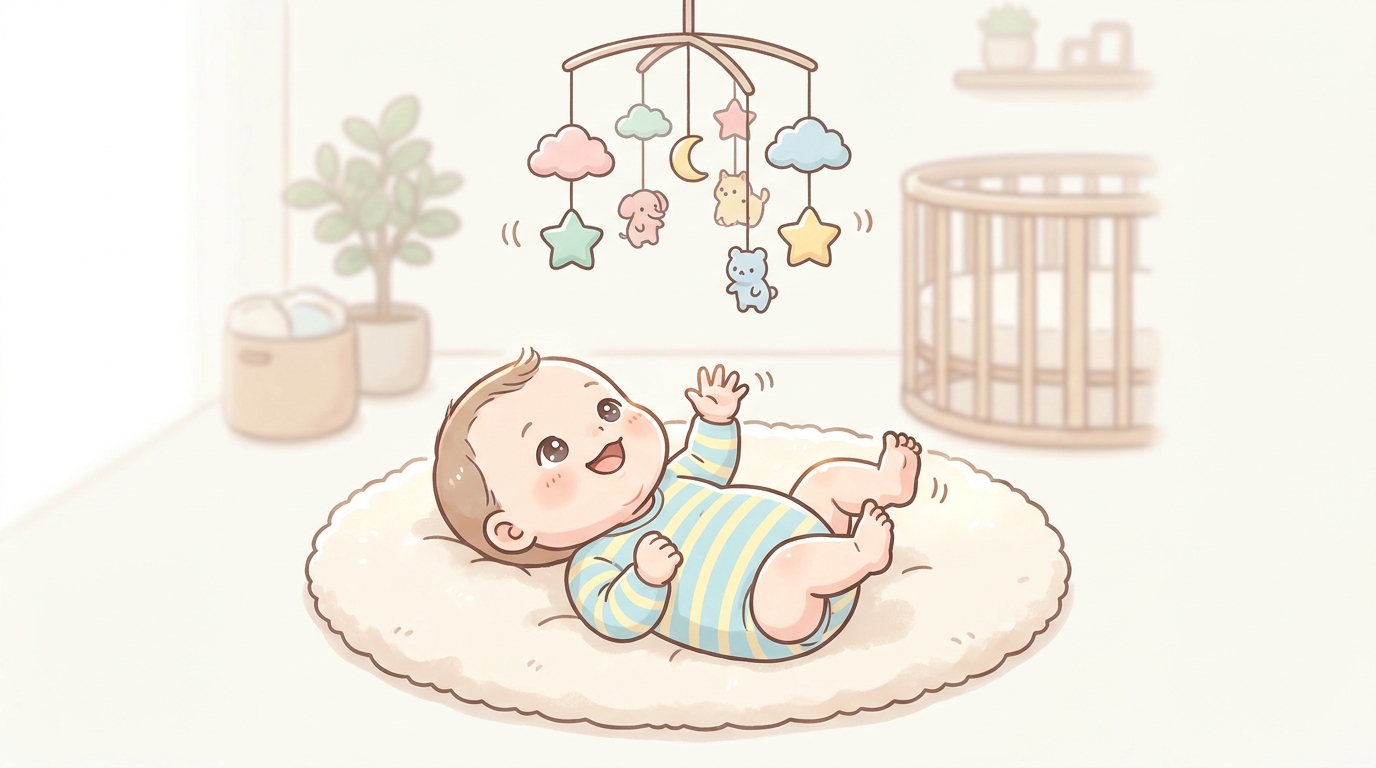 カラフルなメリーを目で追って楽しそうに手足を動かす生後2ヶ月の赤ちゃん