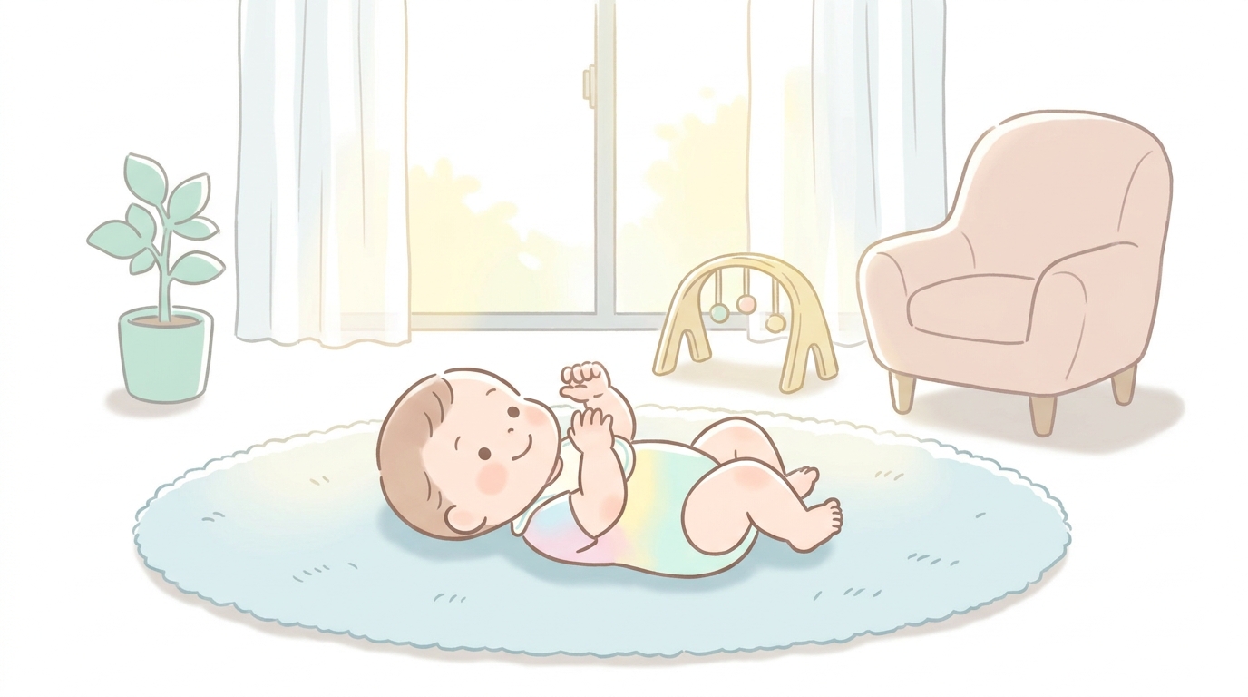 明るいリビングで仰向けに寝転がりながら自分の手を見つめてニコッと笑う生後3ヶ月の赤ちゃん